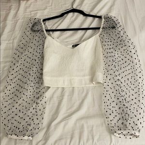 NWT White blouse with polka dot organza sleeves